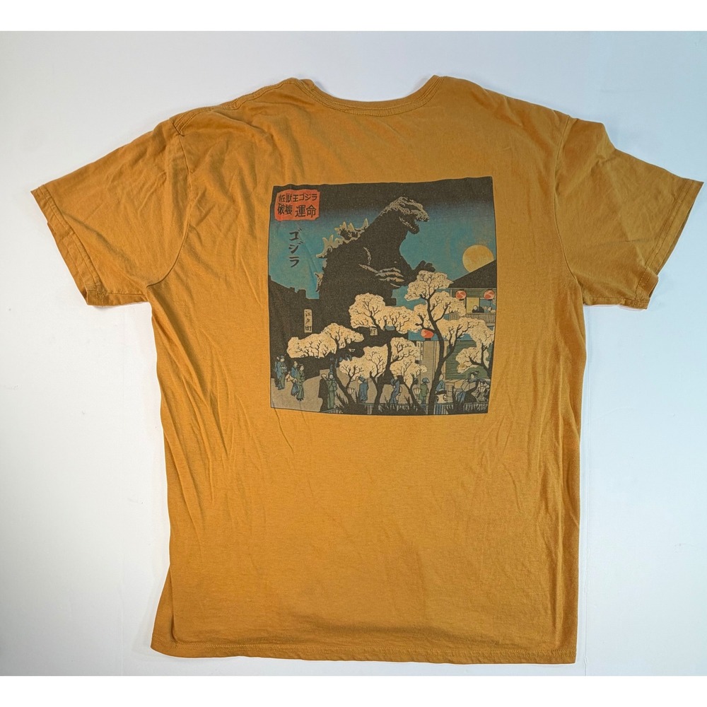 Godzilla Mens XL T-Shirt Mustard Yellow Japanese Woodblock Print Graphic Tee